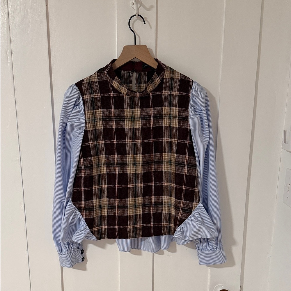 English Factory Plaid Top with Striped Sleeves
